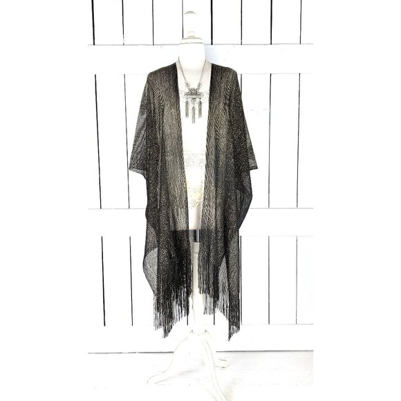 Black gold metallic mesh kimono cover up fringe jacket READY TO SHIP - Picture 1 of 5